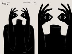 two black and white images with hands in the shape of eyes, one holding up his head