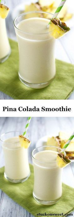 two shots of pina colada smoothie on a green napkin