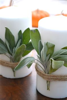 two white candles with green leaves tied to them