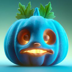 a blue pumpkin with green leaves on it's head