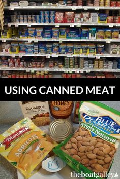 some food is sitting on top of a plate in front of a shelf full of canned meats