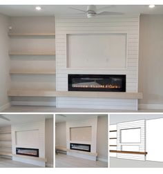 the fireplace is built into the wall and has no mantles or shelves in it