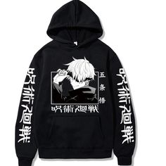 a black hoodie with white writing on the sleeves and an image of a man holding a