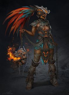 a woman dressed in armor and chains holding a fireball with flames coming out of her chest