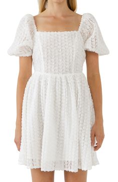 Romantic rosettes blooms sweetly on this puff-sleeve mini punctuated with a cutout back. Square neck Short sleeves Lined 100% polyester Hand wash, dry flat Imported 3d Floral Dress, Derby Dress, 7 August, Summer Linen Dresses, Summer Linen, White Floral Dress, Flattering Dresses, Lace Dress Black, Rose Dress