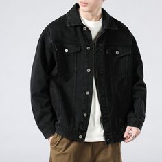 This item is for 1 X denim jacket. Please note this is in Asian sizing, smaller than western size e.g. UK, US, AU. Please check the measurements carefully before making a purchase. If you are not sure which size to buy, please provide height and weight, we will recommend a suitable size. Please allow 1-3cm discrepancy due to different measurement method. Men Denim Jacket Long Sleeve Vintage Western Jean Trucker Coat Regular Fit Basic Material: cotton blend Color: light blue, denim blue, black Si Black Denim Jacket Men, Western Jeans, Outfits Hombre, Loose Fashion, Trendy Jackets, Denim Wear, Workwear Jacket, Mens Fashion Fall, Men's Korean Style