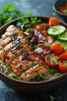 a bowl filled with rice, chicken and veggies next to cucumbers