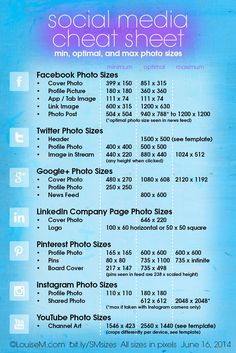 an advertisement for social media sheet with information about the company's facebook page sizes