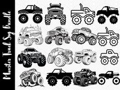 the monster trucks are drawn in black and white