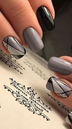 Nails Grey, Elegant Nail Art, Square Nail Designs, Black Nail Art, Black Nail, Short Nail Designs, Elegant Nails, Nail Polishes, Square Nails