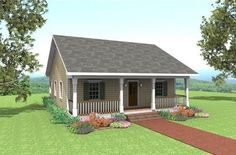 this is a computer rendering of a small house with porches on the front and side