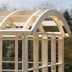 a wooden structure is being built with wood framing on the top and bottom part, along with some trees in the background