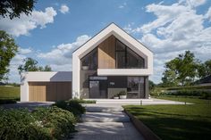 a rendering of a modern house in the middle of a grassy area with trees and bushes