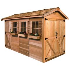 a wooden storage shed with windows and shutters on the side, in front of a white background