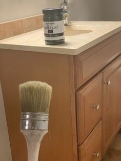 a paint brush sitting on top of a bathroom counter