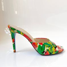 Euc Excellent Used Women's Ladies Fashion Sexy Open Toe Mule Sandal High Heels Made In Italy Brand: Loriblu Size: 40it 9us Color: Green, Red, White Black Colorful Model: 6e S40426 Sc New Luana V/12 Vernice 2b01d68p Features - High End Luxury Brand, Beautiful Quality And Unique Design - Loriblu Signature Blue Sole - Beautiful Colorful Open Toe Sandal - Patent Leather Outer, Leather Sole, Leather Inside - Classic Style With Modern Twist - Round Toe - Stiletto High Heel, Height 4.5" - Backless, Sandal Mule - Beautiful Artistic Floral Pattern Retail Price $595 Original Box And Dust Bag Included Condition Worn Once, Excellent Condition. Slight Wear On The Bottom, Otherwise No Visible Wear Multicolor Round Toe Sandals, Fitted Multicolor Sandals With Round Toe, Fitted Multicolor Round Toe Sandals, Multicolor Pointed Toe Sandals For Summer, Chic Multicolor Pointed Toe Sandals, Green Summer Cocktail Heels, Vibrant Multicolor Summer Heels, Multicolor Floral Print High Heel Sandals, Vibrant Open Toe Summer Heels