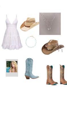 a white dress, cowboy boots, and necklaces are arranged on a white background