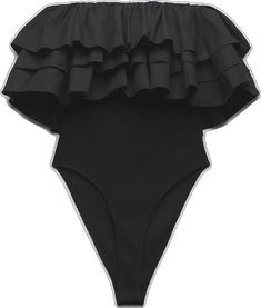 Chic Black Bodysuit With Ruffles, Chic Strapless Bodysuit For Summer, Chic High-waisted Bodysuit For Summer, Chic High Waist Bodysuit For Summer, Chic Summer Bodysuit With Ruffles, Chic Ruffled Party Swimwear, Chic Strapless Bodysuit For Spring, Chic Strapless Ruffled Swimwear, Black Summer Bodysuit With Ruffles