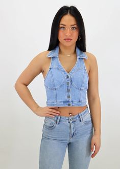 Meant To Be Halter Top ★ Light Wash – Rock N Rags Unique Crop Tops, Small Hips, Denim Halter Top, Recycled Clothing, Jeans Cargo, Denim Material, Recycle Clothes, Top Light, Low Iron