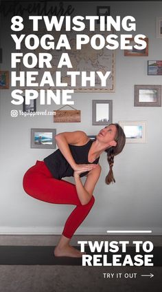 a woman is doing yoga poses for a healthy spine twist to release tension and balance