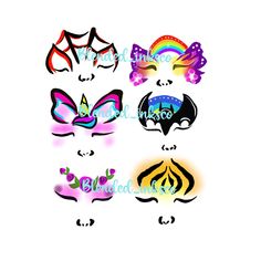 six masks with different colors and designs on the front, one has a cat's head