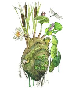 the heart is surrounded by plants and flowers