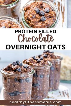 chocolate overnight oats in mason jars with text overlay that reads, protein filled chocolate overnight oats