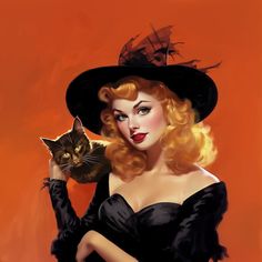 a painting of a woman in a black dress and hat with a cat on her shoulder