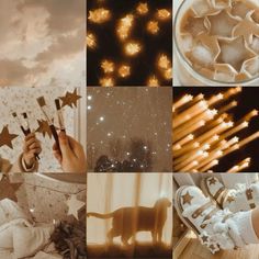 a collage of photos with stars, candles and other things to make it look like they are floating in the air