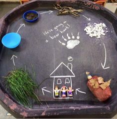 a chalkboard with people and animals drawn on it in the shape of a house