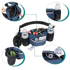 the contents of a fanny bag are shown in three different pictures, including one with water bottles and an empty bottle