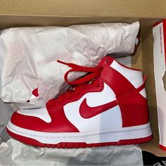 Brand New Grade School High Top Red And White Dunks Fits Woman Size 6.5 Hightop Nike, Nike Dunks High, Nike High, Poshmark Shoes, Nike Sneakers Women, Nike Dunk High, Dunk High, Red Nike, Nike Sb Dunks