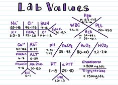 the chemical formula for lab values on lined paper with handwritten lines and numbers in purple ink