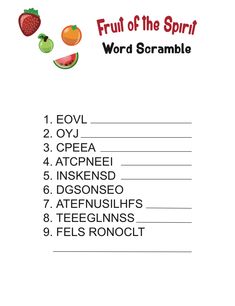 Fruit of the Spirit Word Scramble Bible Games For Kids, Kids Church Activities, Childrens Ministry Curriculum, Kids Church Lessons, Kids Fruit, Fruits Of The Spirit, The Fruit Of The Spirit, Bible Activities For Kids, Bible Story Crafts