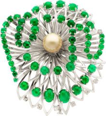 Emerald, Cultured Pearl, Diamond, White Gold Brooch, | Andre Rieu, Two Necklaces, Pearl And Diamond Necklace, Gold Brooch, Gold Brooches, Pearl Diamond