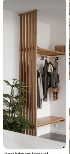 three different pictures with clothes hanging on the wall and coat racks in front of them