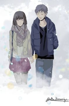 two people standing next to each other with snow on the ground in front of them