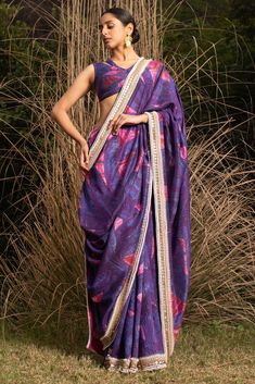 Editor's Note Purple Printed And Embroidered Chanderi Saree Handwoven Chanderi Base With Hand Painted Banana Tree Motis Inspired From Pichwai Art Digitally Printed On A Chanderi Base. It comes With an Unstitched Matching Printed Blouse Piece In Chanderi Note: Stitched Blouse In The Picture Is For Styling Purpose Only And Can Be Purchased Separately Color: Purple Fabric: Chanderi Components: Saree and unstitched blouse piece Care: Dry Clean Only About the Designer Saksham & Neharicka make moderni Blouse Yoke, Print And Embroidery, Chanderi Saree, Purple Saree, A Line Kurta, Banana Tree, Embroidered Saree, Embroidery Saree, Hand Woven Textiles