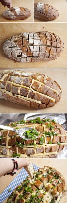 this is an image of bread being sliced and put in the oven to be baked