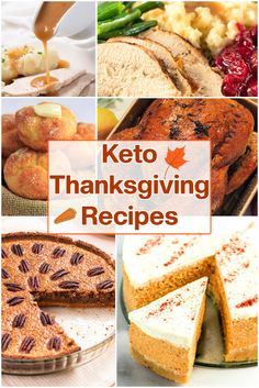 the keto thanksgiving recipes collage includes pumpkins, cranberries, bread and more