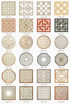 an assortment of different types of geometric designs in gold and red colors, with the same pattern