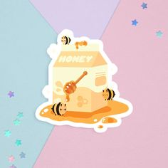 a sticker depicting honey and bees on a pink, blue, and purple background