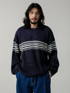 Composition : Acrylic 100%Color : Navy_(1), Navy_(2)Country of Origin : KOREA Casual Knit Sweater For Streetwear, Casual Striped Knitted Sweater, Navy Ribbed Sweater For Winter, Casual Navy Knitted Sweater, Textured Cotton Sweater For Streetwear, Casual Striped Textured Knit Sweater, Cotton Textured Knit Sweater For Streetwear, Textured Knit Cotton Sweater For Streetwear, Striped Textured Knit Cotton Sweater