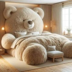 a large teddy bear sitting on top of a bed in the middle of a room