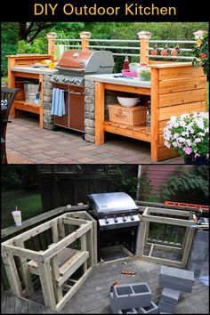 an outdoor kitchen made out of pallets and wood with text overlay that reads diy outdoor kitchen