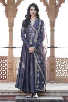 Shop for Matsya Grey Chanderi Silk Anarkali Set for Women Online at Aza Fashions Angrakha Anarkali, Plain Suits, Designer Sharara, Angrakha Style, Silk Anarkali, Straight Kurti, Traditional Attires, Pakistani Couture, India Style