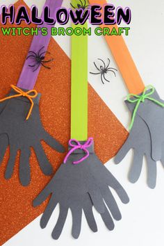 halloween witch's broom and hand puppets made from paper