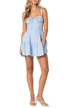 Plan a picnic (and come prepared in the prettiest way) when you choose this cheerfully checked dress cut to a leg-baring length from cool cotton. Square neck 100% cotton Machine wash, dry flat Imported Gingham Mini Dress, Blue Gingham Dress, Olive Green Dresses, Cotton Linen Dresses, Crochet Mini Dress, Swimwear Dress, The Grove, Beach Picnic, Gingham Dress