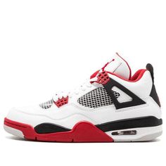 The Nike Air Jordan 4 Retro 'Fire Red' 2012 is a sneaker that's based on the classic 1989 White/Fire Red OG colorway. This updated version features a white leather upper, with Fire Red and black accents, and an icy blue outsole. The result is a sneaker that's both stylish and comfortable, perfect for everyday wear. The Sneaker also features Jumpman branding at the tongue and heel, making it a must-have for any Air Jordan fan. (AJ4/SNKR/Men's/High Top/Basketball) Sporty Air Jordan 4 Mid-top Breathable, Sporty Breathable Air Jordan 4 Mid-top, Sporty Breathable Air Jordan 4 For Streetwear, Air Jordan 4 Mid-top White Sole For Streetwear, Breathable Air Jordan 4 Lace-up For Streetwear, Sporty White Lace-up Air Jordan 4, Sporty Air Jordan 4 For Streetwear With Rubber Sole, Sporty Air Jordan 4 With Rubber Sole For Streetwear, Classic Custom Sneakers With Red Sole For Sports