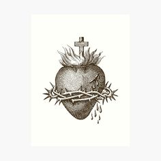 an ink drawing of a heart with a cross on top and barbed wire around it